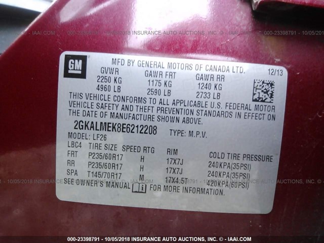 2GKALMEK8E6212208 - 2014 GMC TERRAIN SLE RED photo 9