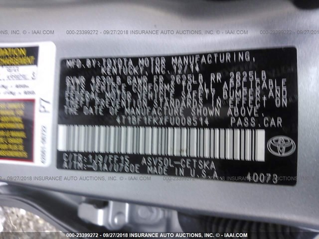 4T1BF1FKXFU008514 - 2015 TOYOTA CAMRY LE/XLE/SE/XSE SILVER photo 9