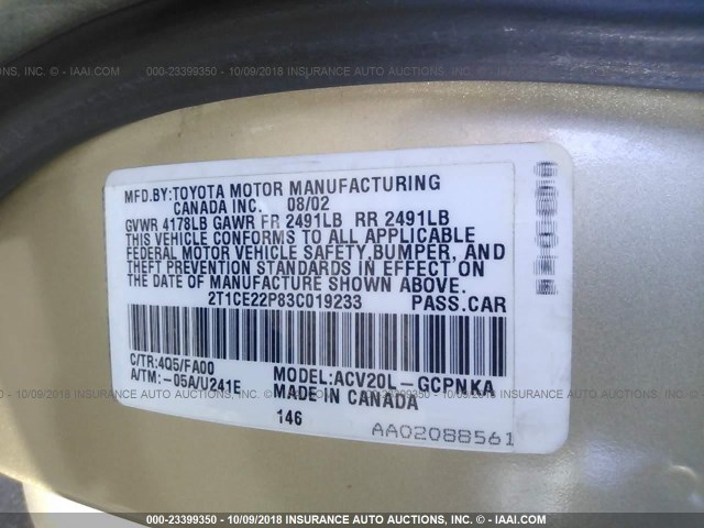 2T1CE22P83C019233 - 2003 TOYOTA CAMRY SOLARA SE GOLD photo 9