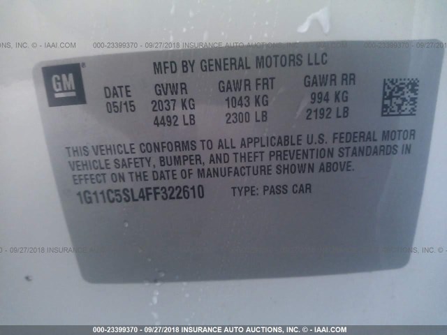 1G11C5SL4FF322610 - 2015 CHEVROLET MALIBU 1LT WHITE photo 9