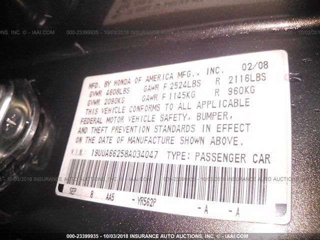 19UUA66258A034047 - 2008 ACURA TL TAN photo 9