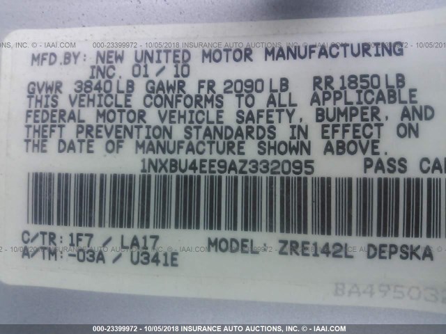 1NXBU4EE9AZ332095 - 2010 TOYOTA COROLLA S/LE/XLE SILVER photo 9