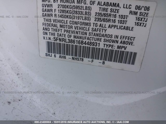 5FNRL38616B448931 - 2006 HONDA ODYSSEY EXL WHITE photo 9