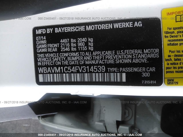 WBAVM1C54FV314539 - 2015 BMW X1 SDRIVE28I WHITE photo 9