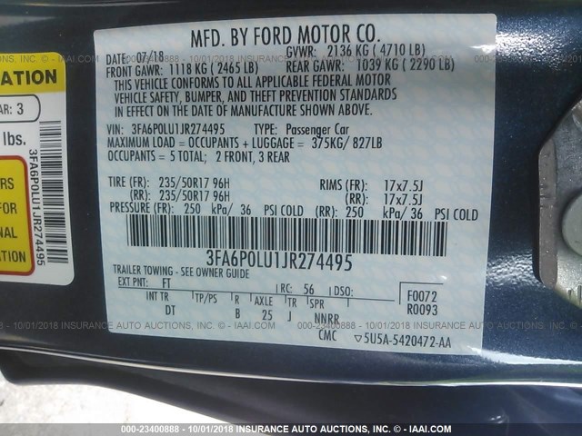 3FA6P0LU1JR274495 - 2018 FORD FUSION SE HYBRID BLUE photo 9