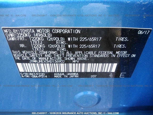 JTMRJREV3HD136902 - 2017 TOYOTA RAV4 HV LE/XLE BLUE photo 9