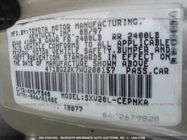 4T1BG22K7WU200157 - 1998 TOYOTA CAMRY CE/LE/XLE 米色 照片 9