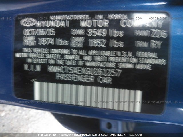 KMHCT5AEXGU261257 - 2016 HYUNDAI ACCENT SE BLUE photo 9