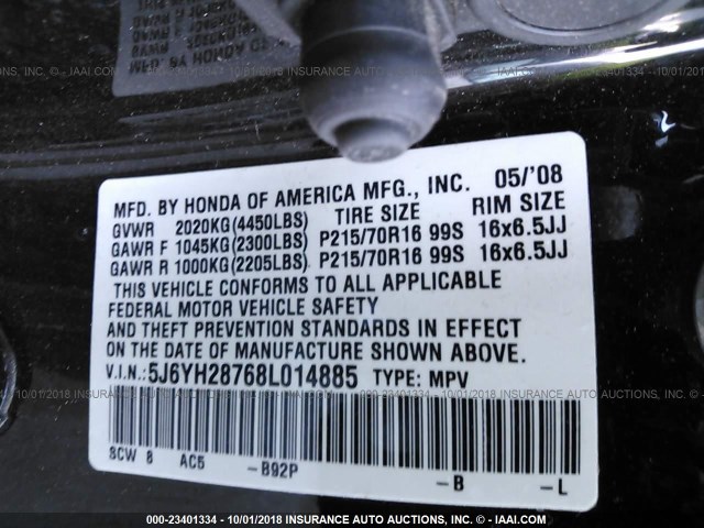 5J6YH28768L014885 - 2008 HONDA ELEMENT EX BLACK photo 9