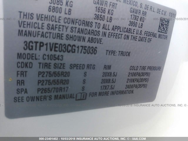 3GTP1VE03CG175036 - 2012 GMC SIERRA C1500 SLE WHITE photo 9