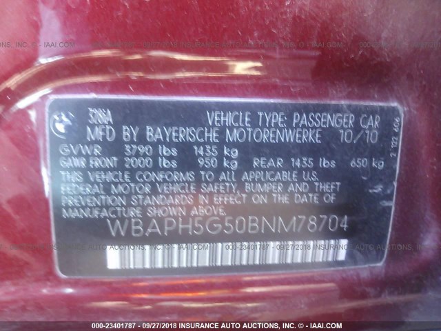 WBAPH5G50BNM78704 - 2011 BMW 328 I SULEV RED photo 9