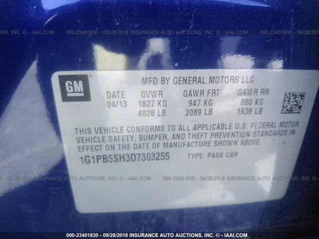 1G1PB5SH3D7303255 - 2013 CHEVROLET CRUZE LS BLUE photo 9