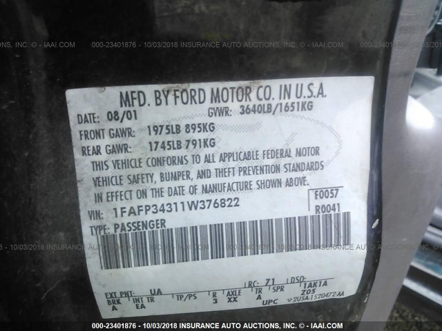 1FAFP34311W376822 - 2001 FORD FOCUS SE/SE SPORT BLACK photo 9