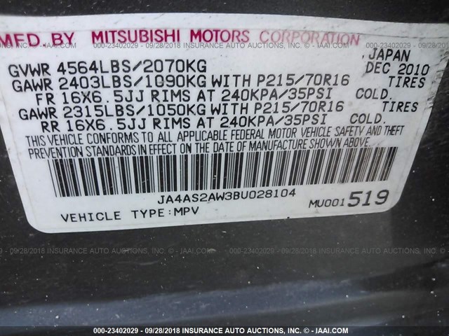 JA4AS2AW3BU028104 - 2011 MITSUBISHI OUTLANDER ES GRAY photo 9