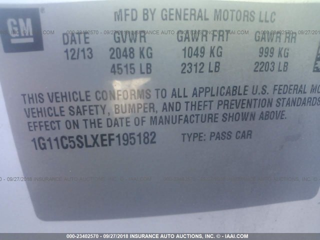 1G11C5SLXEF195182 - 2014 CHEVROLET MALIBU 1LT 白色 照片 9