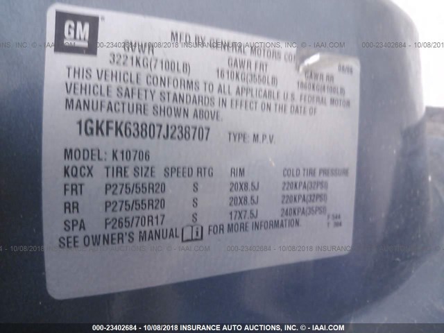 1GKFK63807J238707 - 2007 GMC YUKON DENALI Light Blue photo 9