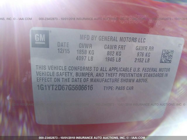 1G1YT2D67G5606616 - 2016 CHEVROLET CORVETTE 3LZ/Z06 RED photo 9