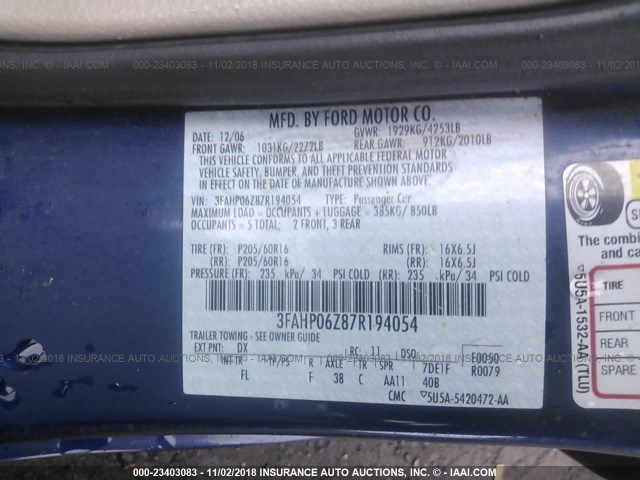 3FAHP06Z87R194054 - 2007 FORD FUSION S BLUE photo 9