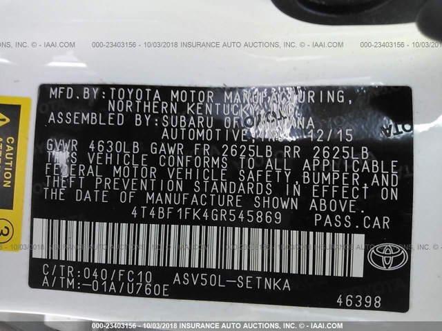 4T4BF1FK4GR545869 - 2016 TOYOTA CAMRY LE/XLE/SE/XSE WHITE photo 9