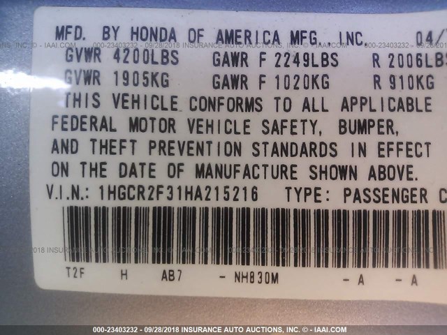 1HGCR2F31HA215216 - 2017 HONDA ACCORD SILVER photo 9