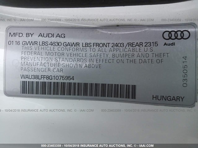 WAU38LFF8G1075954 - 2016 AUDI A3 PREMIUM PLUS WHITE photo 9