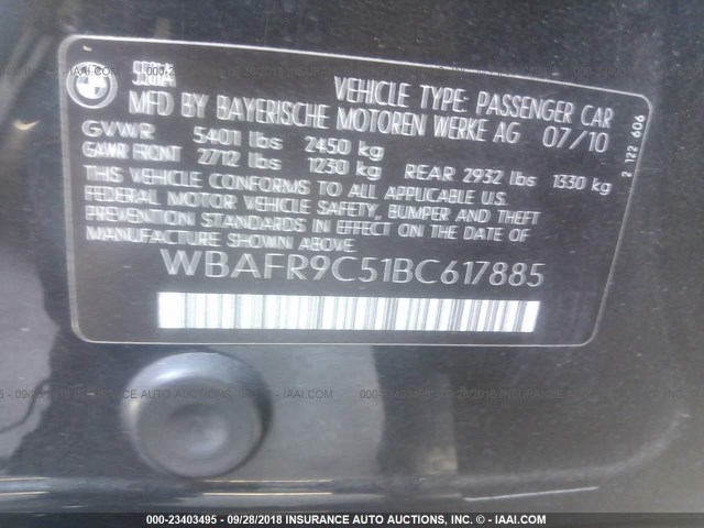 WBAFR9C51BC617885 - 2011 BMW 550 I BLACK photo 9