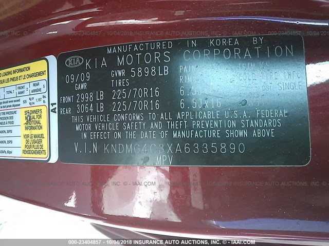 KNDMG4C3XA6335890 - 2010 KIA SEDONA LX RED photo 9