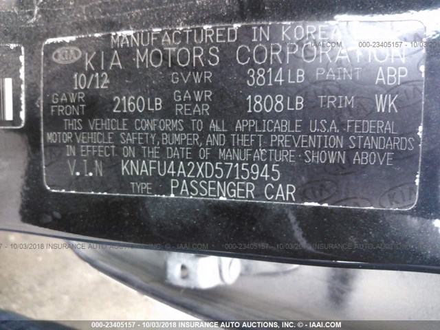 KNAFU4A2XD5715945 - 2013 KIA FORTE EX BLUE photo 9