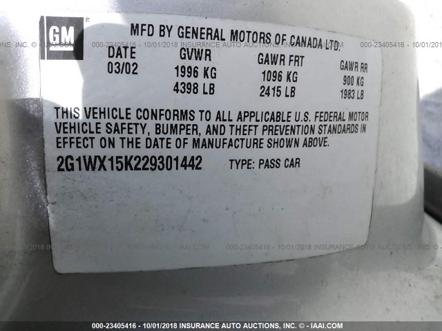 2G1WX15K229301442 - 2002 CHEVROLET MONTE CARLO SS ვერცხლისფერი ფოტო 9