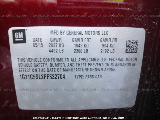 1G11C5SL2FF322704 - 2015 CHEVROLET MALIBU 1LT 红色 照片 9