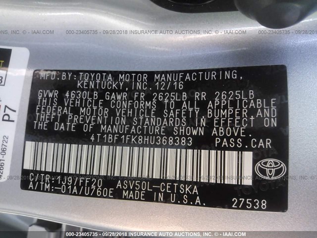 4T1BF1FK8HU368383 - 2017 TOYOTA CAMRY LE/XLE/SE/XSE 银色 照片 9