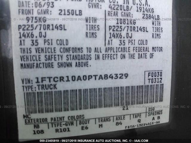 1FTCR10A0PTA84329 - 1993 FORD RANGER BLUE photo 9