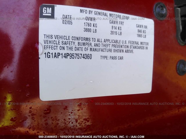 1G1AP14P957574360 - 2005 CHEVROLET COBALT SS SUPERCHARGED RED photo 9