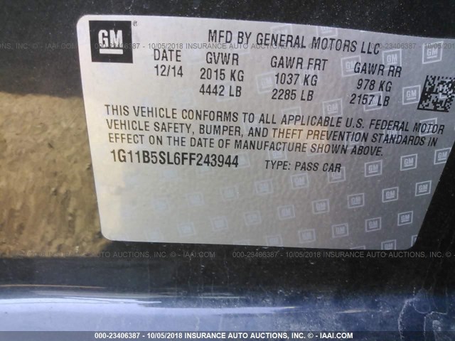 1G11B5SL6FF243944 - 2015 CHEVROLET MALIBU LS 灰色 照片 9