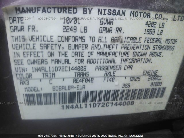 1N4AL11D72C144008 - 2002 NISSAN ALTIMA S/SL RED photo 9