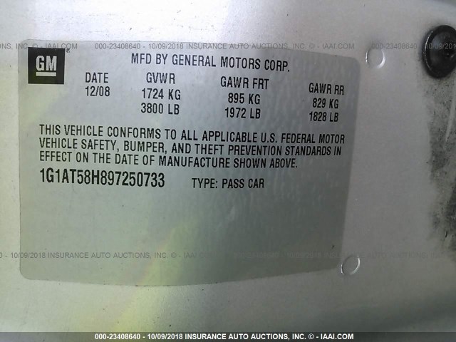 1G1AT58H897250733 - 2009 CHEVROLET COBALT LT SILVER photo 9