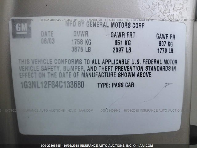 1G3NL12F84C133680 - 2004 OLDSMOBILE ALERO GL GOLD photo 9