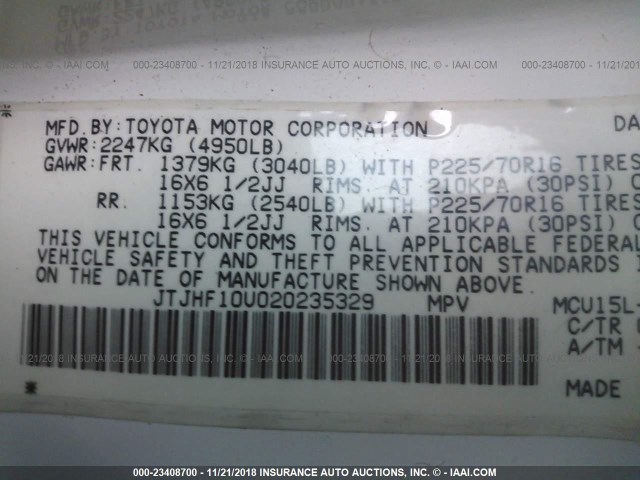 JTJHF10U020235329 - 2002 LEXUS RX 300 WHITE photo 9