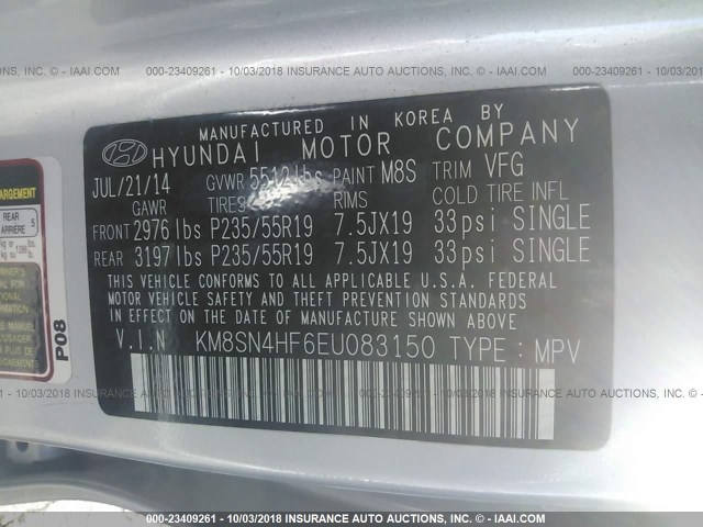 KM8SN4HF6EU083150 - 2014 HYUNDAI SANTA FE GLS SILVER photo 9