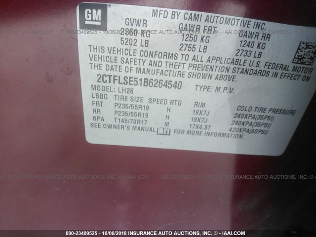 2CTFLSE51B6264540 - 2011 GMC TERRAIN SLE MAROON photo 9