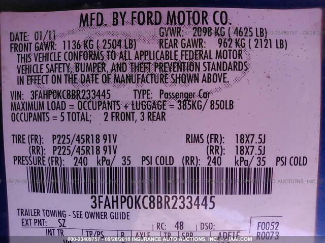 3FAHP0KC8BR233445 - 2011 FORD FUSION SPORT BLUE photo 8