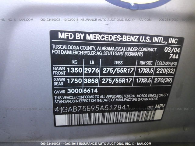 4JGAB75E95A517841 - 2005 MERCEDES-BENZ ML 500 SILVER photo 9