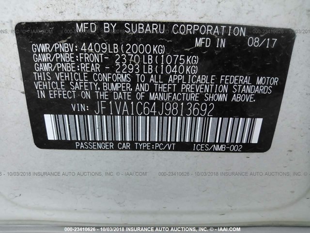 JF1VA1C64J9813692 - 2018 SUBARU WRX PREMIUM WHITE photo 9