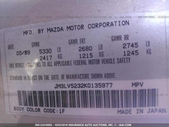 JM3LV5232K0135977 - 1989 MAZDA MPV WAGON GRAY photo 9