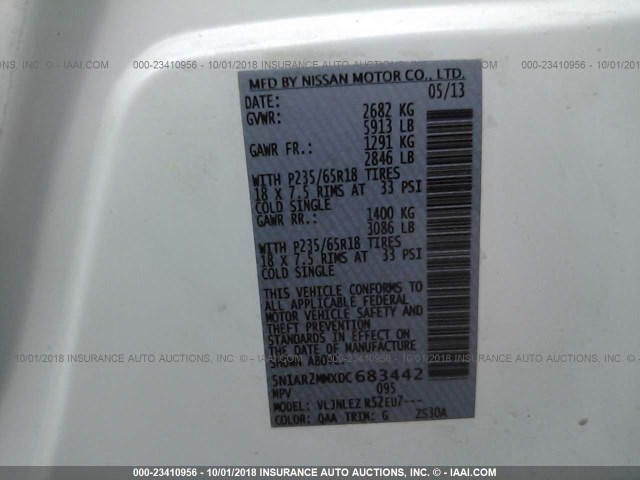 5N1AR2MMXDC683442 - 2013 NISSAN PATHFINDER S/SV/SL/PLATINUM WHITE photo 9