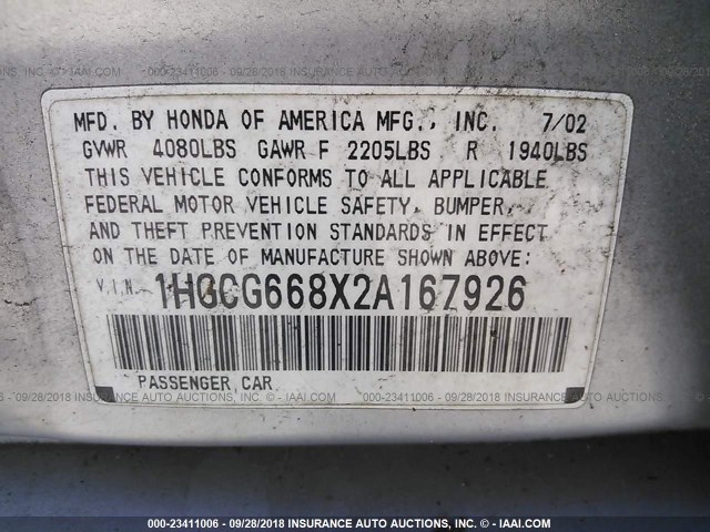 1HGCG668X2A167926 - 2002 HONDA ACCORD EX/SE SILVER photo 9