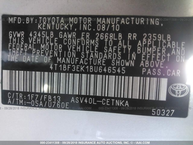 4T1BF3EK1BU646545 - 2011 TOYOTA CAMRY SE/LE/XLE SILVER photo 9