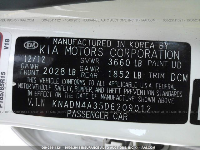 KNADN4A35D6209012 - 2013 KIA RIO EX/SX WHITE photo 9