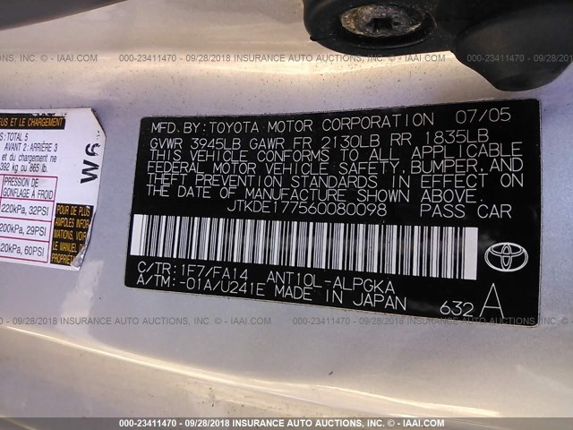 JTKDE177560080098 - 2006 TOYOTA SCION TC SILVER photo 9