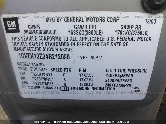 1GKEK13Z34R212090 - 2004 GMC YUKON GRAY photo 9